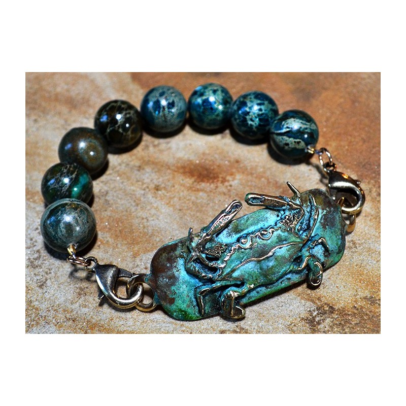 Olive Patina Brass Detailed Crab Rockband Bracelet - Imperial Jasper Olive Patina Brass Detailed Crab Rockband Bracelet - Imperial Jasper