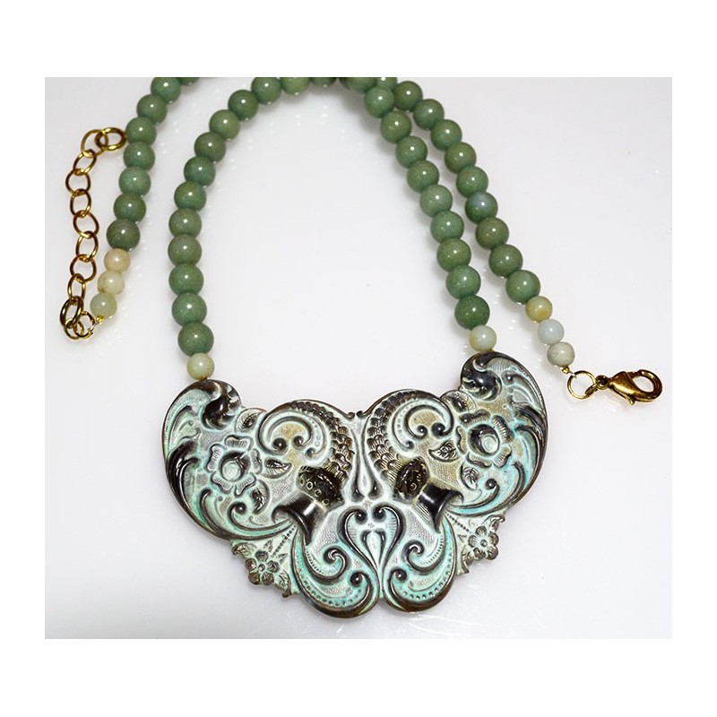 White Chocolate Patina Brass Floral Necklace - Sea Jade Beading White Chocolate Patina Brass Floral Necklace - Sea Jade Beading
