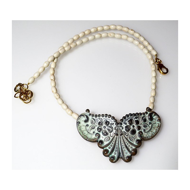 White Chocolate Patina Brass Floral Necklace - White Turquoise Rice Beading White Chocolate Patina Brass Floral Necklace - White Turquoise Rice Beading
