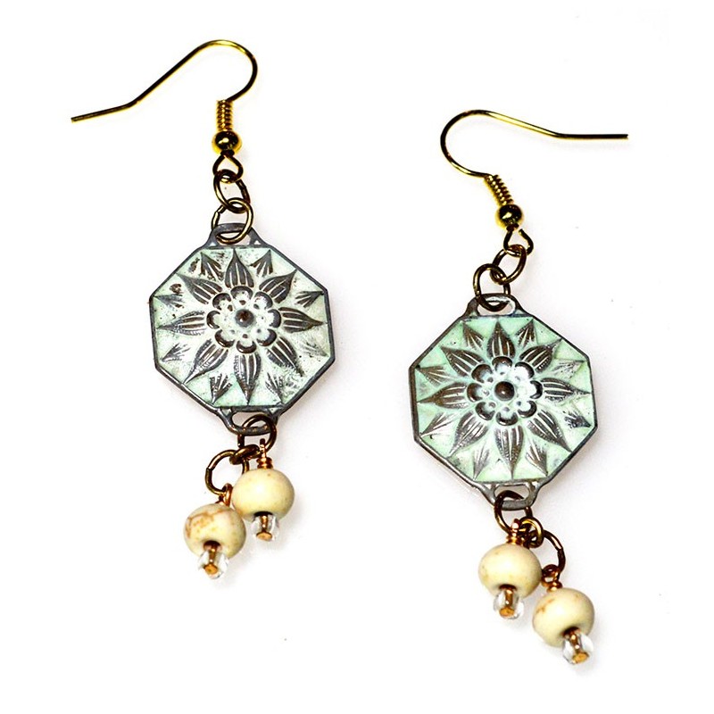 White Chocolate Patina Brass Floral Dangle Earrings White Chocolate Patina Brass Floral Dangle Earrings