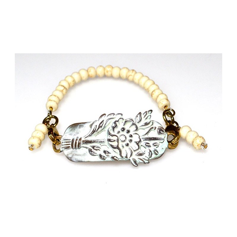 White Chocolate Patina Brass Charmed Floral Rockband Bracelet White Chocolate Patina Brass Charmed Floral Rockband Bracelet