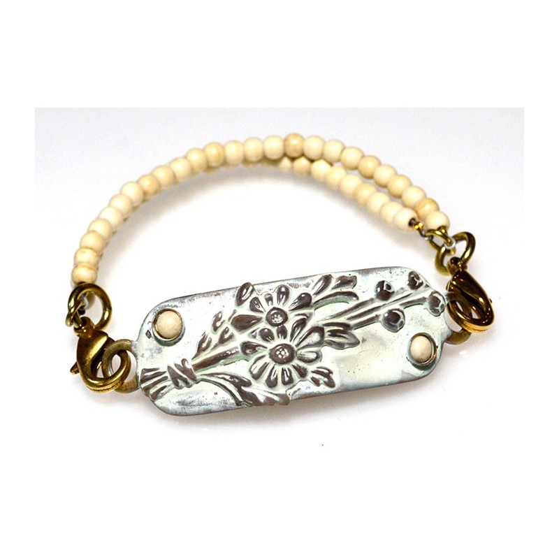 White Chocolate Patina Brass Floral Rockband Bracelet White Chocolate Patina Brass Floral Rockband Bracelet