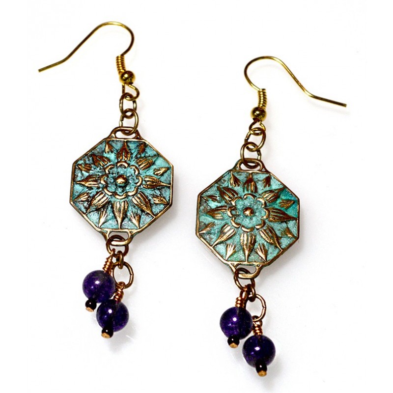 Verdigris Patina Brass Floral Dangle Earrings Verdigris Patina Brass Floral Dangle Earrings