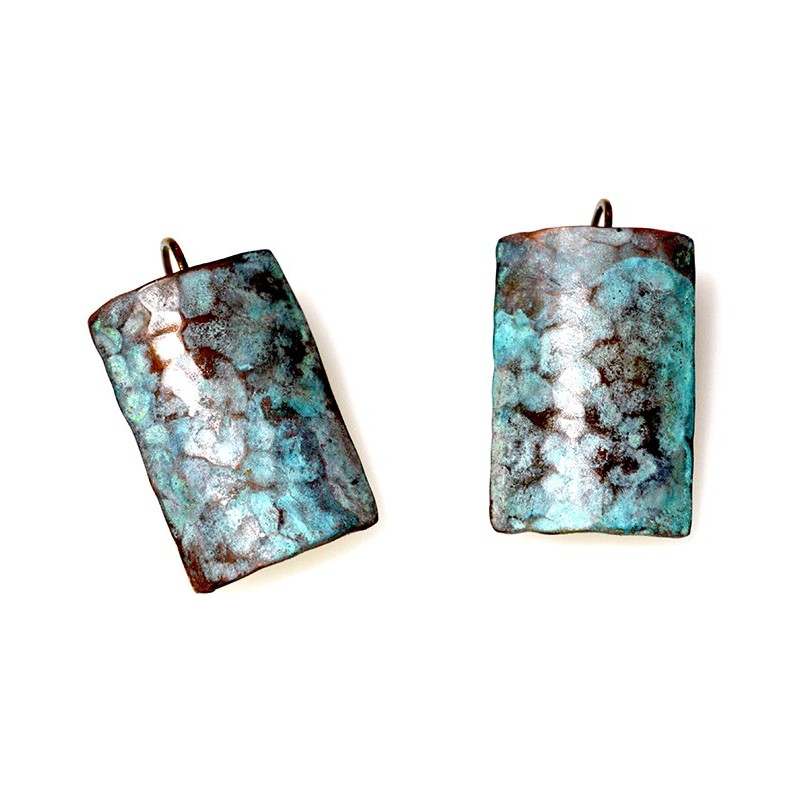 Verdigris Patina Hand Forged Brass Dimpled Barrel Shaped Earrings Verdigris Patina Hand Forged Brass Dimpled Barrel Shaped Earrings