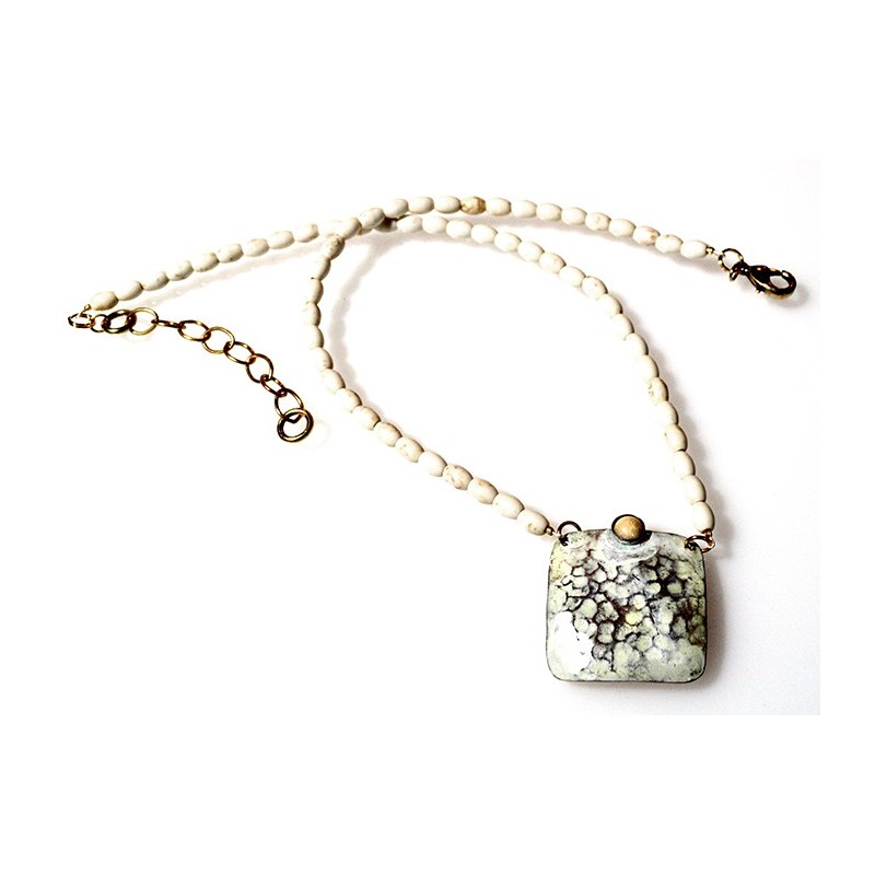White Chocolate Patina Hand Forged Brass Dimpled Necklace - White Turquoise Rice Beading White Chocolate Patina Hand Forged Brass Dimpled Necklace - White Turquoise Rice Beading